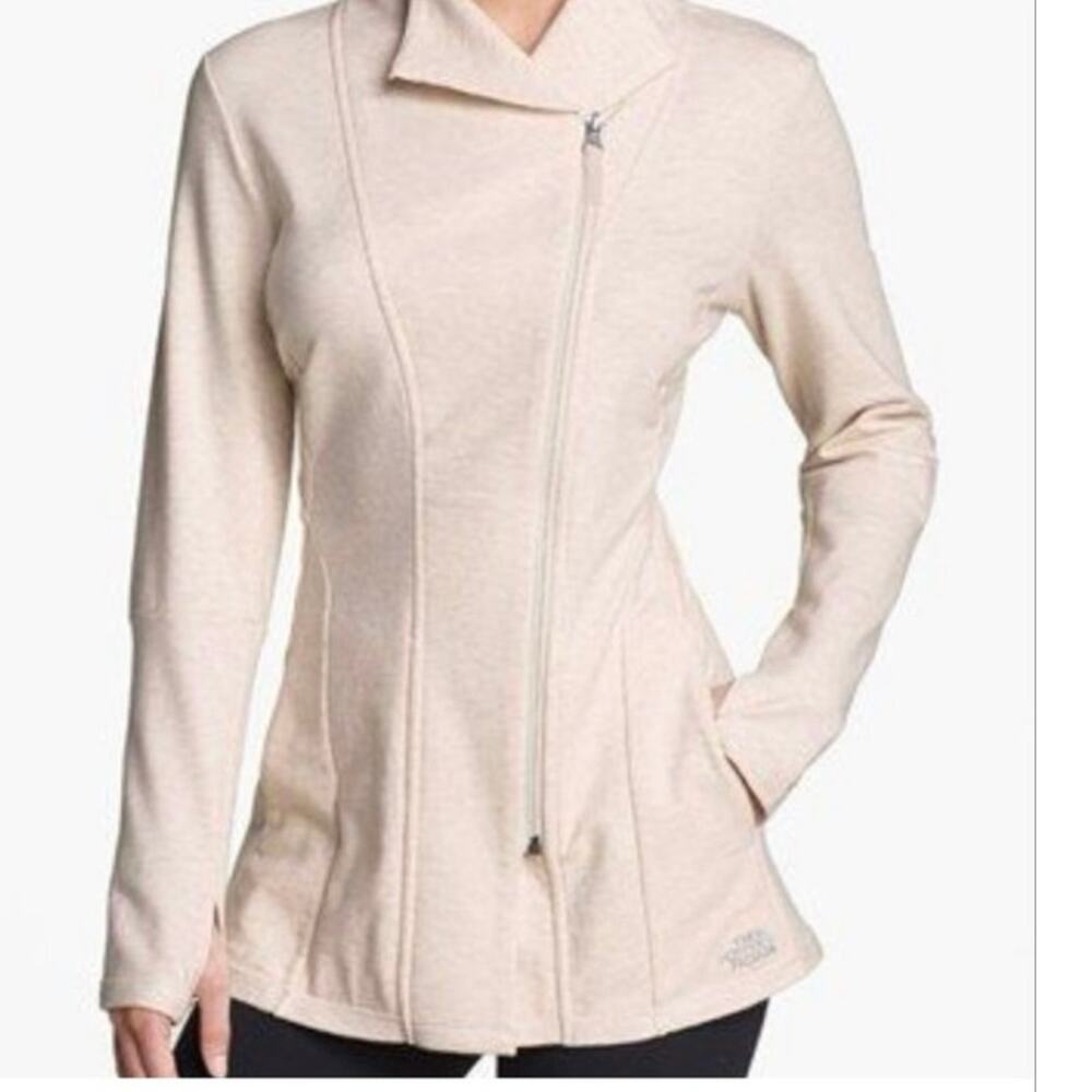 The North Face Sz M Heathered Oatmeal Wrapture Yoga Tunic Jacket Soft Cotton EUC